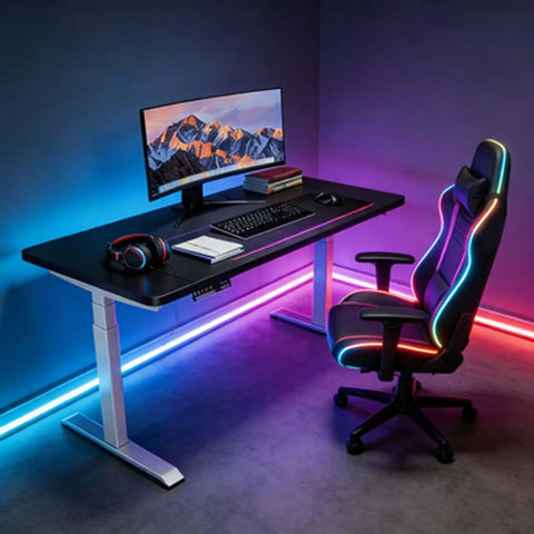 Top Shelf Electric Height Adjustable Computer Desk Featuring Memory Presets And Smooth One Touch Operation crafted for gaming, with colorful LED lights.