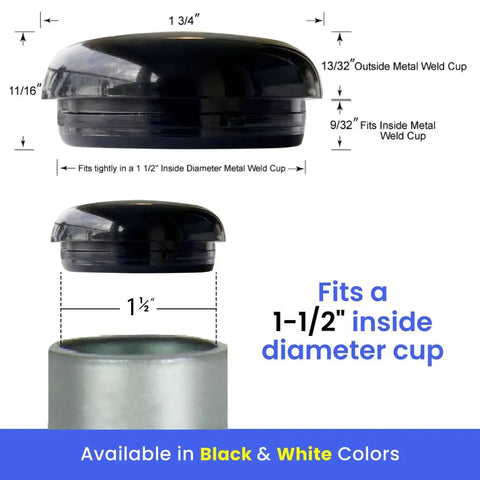 Diagram of black round plastic floor protector fitting 1-1/2 inch cup for wrought iron chair glides, shown in two views.