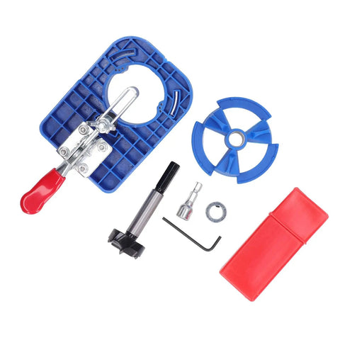 Precision Hinge Opening Locator 35mm Drill Guide For Woodworking Doors And Cabinets with tools including hex wrench and plastic components.