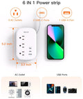 Ultra Flat Power Strip with 3 Outlets, 3 USB Ports including 2 USB-C, 3.2ft Cord, size dimensions comparison with smartphone.