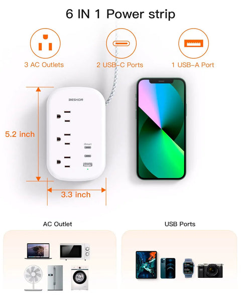 Ultra Flat Power Strip with 3 Outlets, 3 USB Ports including 2 USB-C, 3.2ft Cord, size dimensions comparison with smartphone.