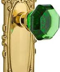 Victorian Plate Double Dummy Waldorf Emerald Door Knob Set In Unlaquered Brass with crystal knobs, side view