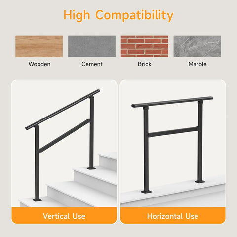 Built Solid As A Rock Wrought Iron Handrail For Outdoor Steps showing vertical and horizontal uses on stairs.