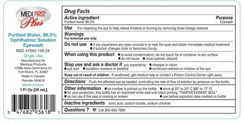 Back view of MediFirst Plus eyewash bottle packaging; shows drug facts panel, barcode, and 1 fl oz (30 mL) bottle.