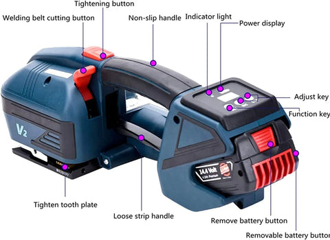 Slick Rechargeable Handheld Strapping Tool For Automatic Heat Sealing Pp Pet Banding Machine No Clip Packing Sealer with buttons and display.