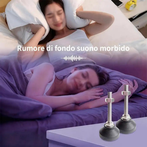 Heavy Duty Leveling Feet Set 4 Pcs M6 Thread Size D30 Base shown with sleeping woman for noise reduction effect.