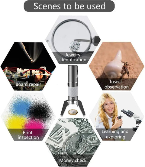 4K WiFi USB Digital Handheld Microscope With Metal Stand 50 to 1000x Magnification Portable USB Scope for Kids and Students Explore Coins Circuits Jewelry Skin Insects and More Ideal for Learning and DIY Projects. Product image showing microscope use for jewelry, board repair, insects, print inspection, and money check.