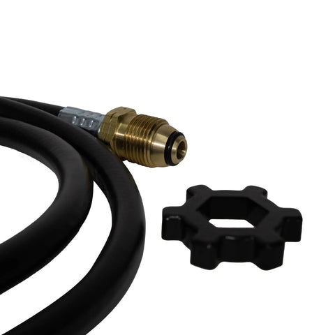 Five Foot Propane Hose Assembly For Disposable Cylinders To 20 Pound Tank, 9000 BTU, brass fitting, black swivel detail