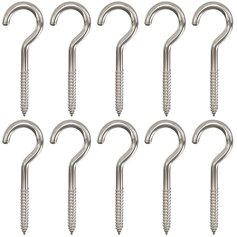 10 Pack Badass Nickel Plated Steel Screw Hooks massive 4 inch shank and 1.5 inch eye for heavy-duty hanging projects.