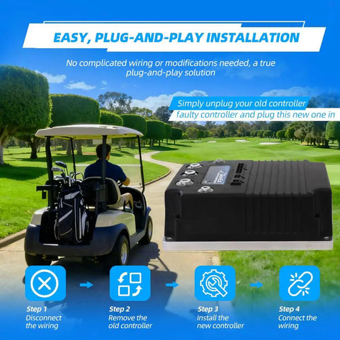 Top Shelf 48Volt 400 Amp Golf Cart Speed Controller Plug And Play Motor Driver Replacement on a golf course with installation steps.