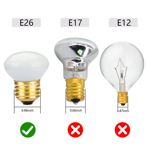 Comparison of E26, E17, E12 bulb bases for 4 Pack R14 Mini Reflector Light Bulbs 40W 120V Dimmable E26 Base Frosted Spotlight Lamps