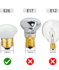 Comparison of bulb bases: Six Pack R14 Mini Reflector Light Bulbs 25W 120V Dimmable E26 Medium Base next to E17 and E12 sizes.