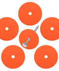 Six Pack Orange Rubber Washers for Low Profile Property Markers and Driveway Survey Stakes, 6-inch size, shown with a stake.