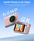 Fire Pink Wifi Digital Camera For Kids Featuring Switchable Dual Lenses And Crisp 4K Capture Point And Shoot Option With Sixteen X Zoom Anti Shake Tech Super Portable Compact Design Prime Gift For Cool Teens, displaying front and back views.