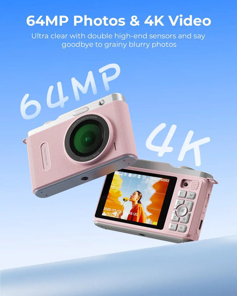 Fire Pink Wifi Digital Camera For Kids Featuring Switchable Dual Lenses And Crisp 4K Capture Point And Shoot Option With Sixteen X Zoom Anti Shake Tech Super Portable Compact Design Prime Gift For Cool Teens, displaying front and back views.