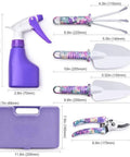 5 Piece Garden Tool Set with Floral Print and Ergonomic Handles, including pruner, trowels, sprayer, and carrying case, on display.