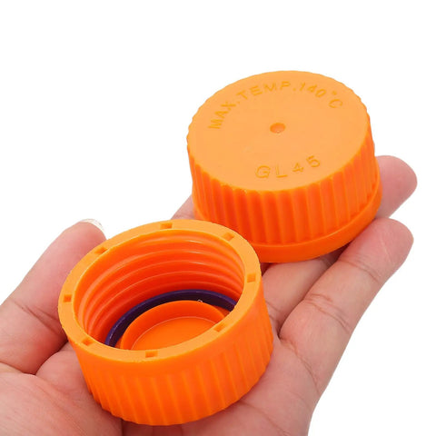 GL45 Screw Caps Set For Glass Media Bottles, 45mm, 10 Pack, Polypropylene Cover Seal Thread Caps With Orange Cap, Fits GL45 Bottles, Autoclavable Up To 140 C.