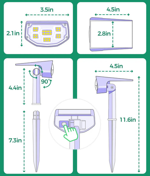 Dimensions and features of Ultra Dope Solar Outdoor Spotlight Set, 700 Lumen IP68 Waterproof Yard Lights With 3 Modes.