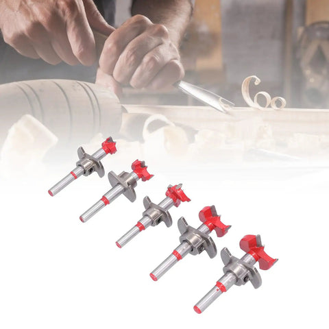 Top Shelf Forstner Drill Bit Kit For Precision Woodworking And Furniture Crafting Features Five Rock Solid Hole Cutters with red tips.
