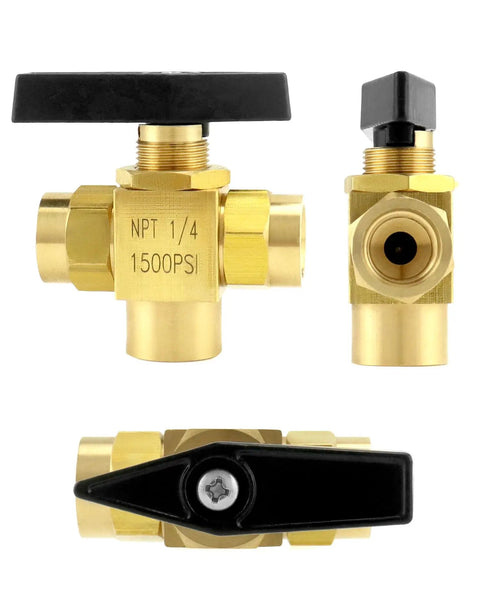 Premium Brass One Quarter Inch NPT Three Way Ball Valve With L Port Panel Mount Instrument Fittings Female NPT Connectors