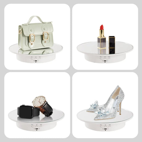 Hassle Free Rotating Display Turntable Stand For Jewelry And Watches 7.87 Inch White Spinning Platform with bag, cosmetics, watches, shoes.