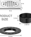 Square 4 Inch Shower Drain Kit With Flange In Matte Black 304 Stainless Steel Grate Replacement Compatible With Schluter Kerdi Systems Includes Drain Grate Set Height Adjustment Collar And Flange CUPC Certified composition showing dimensions.