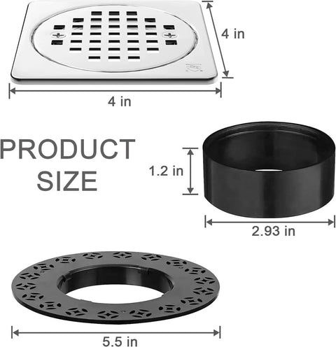 Square 4 Inch Shower Drain Kit With Flange In Matte Black 304 Stainless Steel Grate Replacement Compatible With Schluter Kerdi Systems Includes Drain Grate Set Height Adjustment Collar And Flange CUPC Certified composition showing dimensions.
