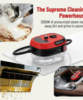 No Sweat Heavy Duty 2500W High Pressure Steam Cleaner For Car Engine Detailing And House Chores With Six Adjustable Heat Levels Portable Multi Surface Steam Workhorse For Kitchen Bathroom And Wheels In Red, showing steam cleaning a car interior.