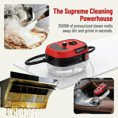 No Sweat Heavy Duty 2500W High Pressure Steam Cleaner For Car Engine Detailing And House Chores With Six Adjustable Heat Levels Portable Multi Surface Steam Workhorse For Kitchen Bathroom And Wheels In Red, showing steam cleaning a car interior.
