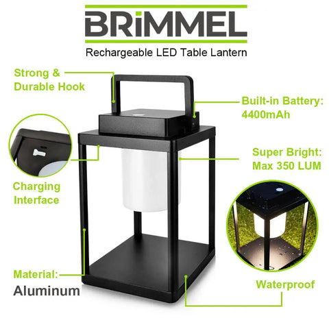 Rechargeable Outdoor Table Lantern With USB Port No Wires Needed, 350 Lumen Cordless Lamp, IP44 Waterproof, aluminum