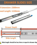 Rock Solid Heavy Duty Drawer Slides With Lock Full Extension Ball Bearing Runners 120kg Capacity size diagram showing 2300mm extension.