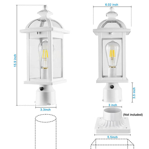 Dusk To Dawn Outdoor Post Light With Seeded Glass For Patio Garden And Pathway Durable Aluminum Weatherproof IP65, 15.9 Inch Tall Diagram
