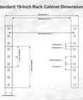 Diagram of standard 19-inch rack cabinet dimensions for 10 Outlet 1U Rack Mount PDU With Individual Switches Surge Protector 100-240V 15A 1800J.