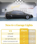 240W LED Garage Light With 6 Plus 1 Deformable Panels illuminating a garage with a car, comparison chart at the bottom