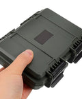 Dang Tough Portable Waterproof Plastic Toolbox With Rugged Latches For Nails Screws And Small Parts shown being held in hand.