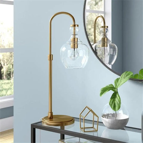 27 Inch Tall Arc Table Lamp With Seeded Glass Shade In Brushed Brass Finish For Home Or Office Desk Reading And Task Lighting on glass table