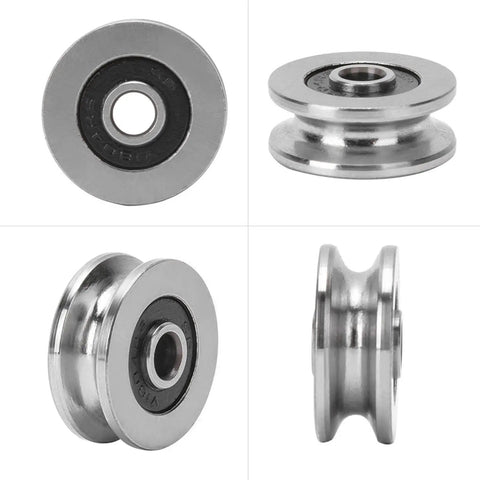 Top Shelf V Groove Ball Bearing Set Of Ten Built Tough From Premium Heavy Duty Steel For Pure Butter Smooth Guide Rail Glide And Custom Toy Projects, four angles of a steel roller bearing.