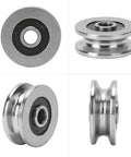 10 Pack Boss Grade V Groove Track Rollers Guide Rail Pulleys with sealed steel ball bearings, showing various angles.