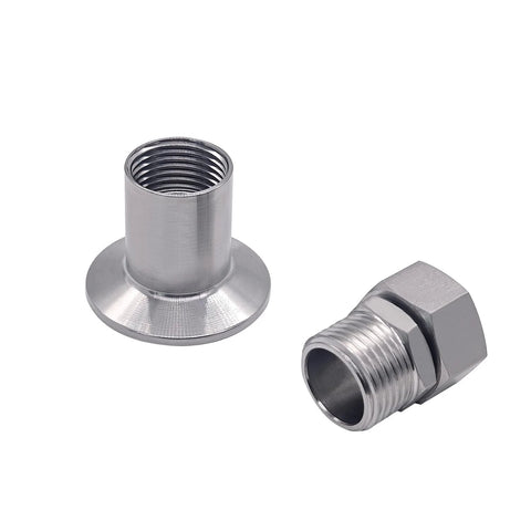 Two stainless steel tri-clamp garden hose adapters; 1.5 TC to 3/4 GHT, front view.