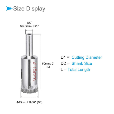 CoCud Diamond Drill Bit, front view, 15mm cutting diameter, nickel-plated coating, 50mm length