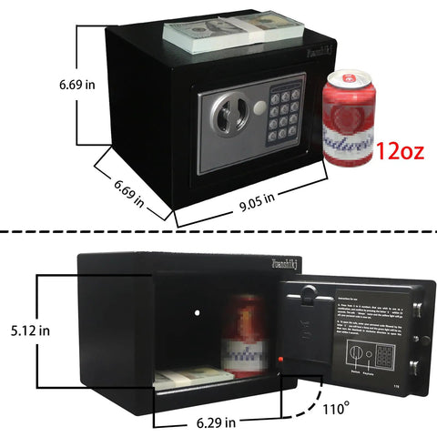 Compact Hidden Steel Safe Box With Electronic Keypad For Jewelry Cash And Small Valuables, 0.23 Cubic Feet, dimensions shown