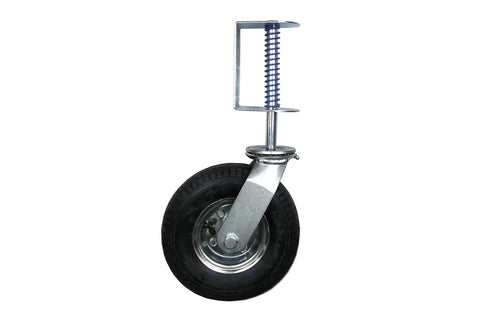 8 Inch Pneumatic Spring-Loaded Gate Caster Wheel, 360 Degree Swivel, Heavy-Duty Universal Mount, black wheel with metal frame