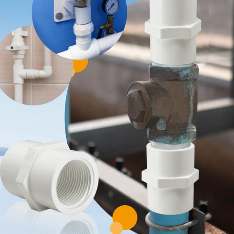 Ten Pack White PVC Pipe Fittings Three Quarter Inch NPT Female Thread Adapter Socket To Female PVC Schedule 40 Couplings DIY Friendly For Easy Install shown in use with plumbing examples
