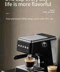 Compact Semi Automatic Espresso Coffee Maker With Built In Steam Wand For Lattes And Cappuccinos displaying coffee cups on a countertop.