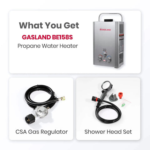 Portable Propane Tankless Water Heater With 41000 BTU And 1.58 GPM Digital Display CSA Certified, regulator, and shower set.