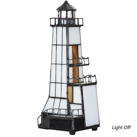 Tiffany Style Stained Glass Table Lamp With Lookout Platform Night Light, 6-Inch Wide By 11-Inch Tall, lighthouse shape, light off