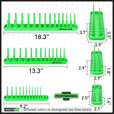 6-Piece Socket Organizer Tray for SAE and Metric Sockets, 1/4, 3/8, and 1/2 Inch Drive, green labeled size posts visible