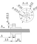 Technical drawing of a threaded component with measurements, showing cross-sectional and top views.