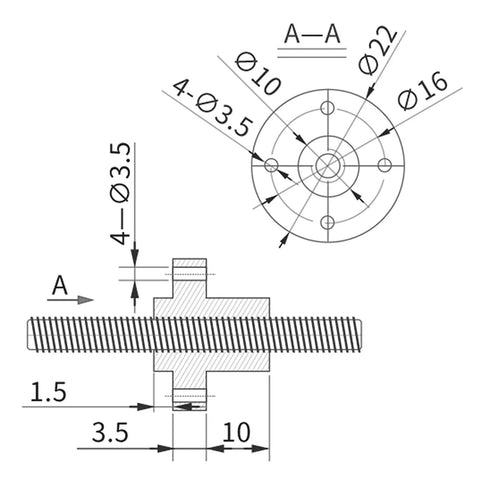 Technical drawing of a threaded component with measurements, showing cross-sectional and top views.