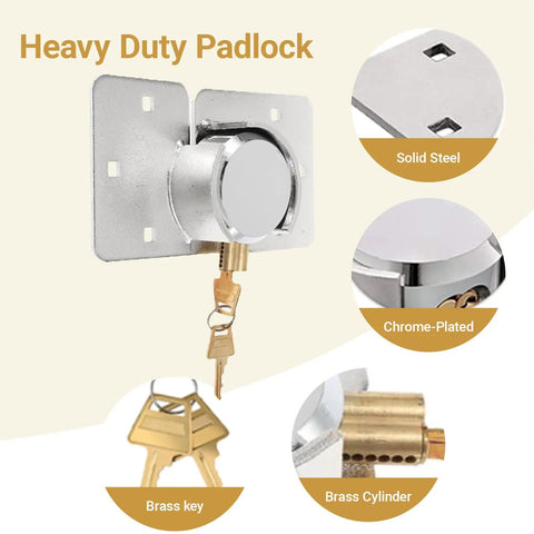 Beefy Heavy Duty Padlock Set Keyed Alike 2 Pack With Solid Steel Hasp 73MM showing lock, brass key, and cylinder details
